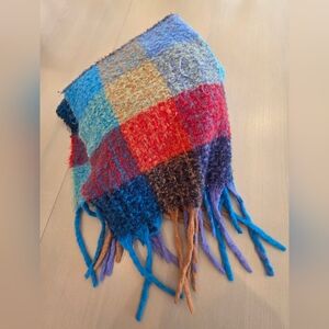 NWOT Aerie Plaid Colorblock Fringe Knit Scarf - Multicolor Oversized $68